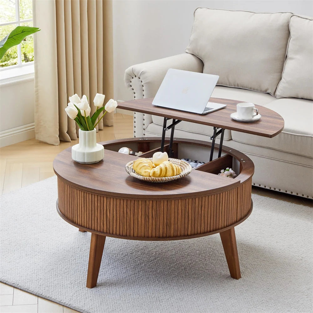 35.4'' Fluted Round Lift Top Coffee Table Wood Center Table with Storage