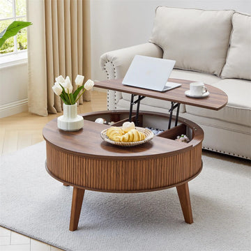 35.4'' Fluted Round Lift Top Coffee Table Wood Center Table with Storage