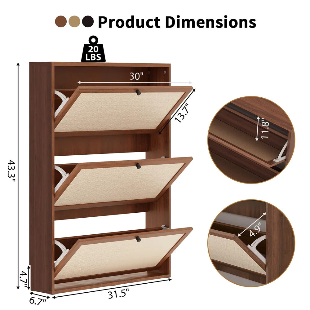 Wood Freestanding Slim Shoe Cabinet with Linen Panel and 3 Flip Drawers