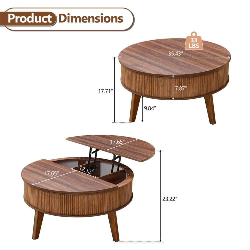 35.4'' Fluted Round Lift Top Coffee Table Wood Center Table with Storage