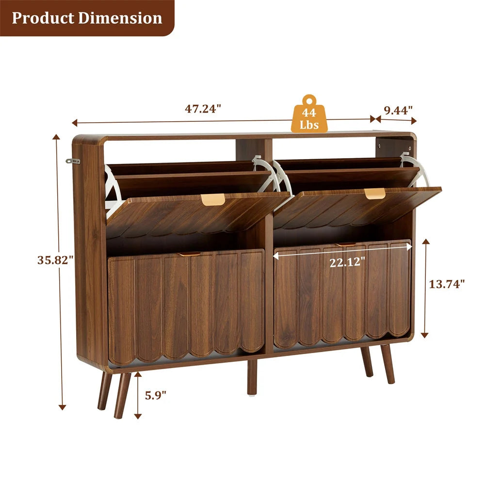 Freestanding Narrow Wood Shoe Cabinet for Entryway with 4 Flip Drawers and Wave Panel