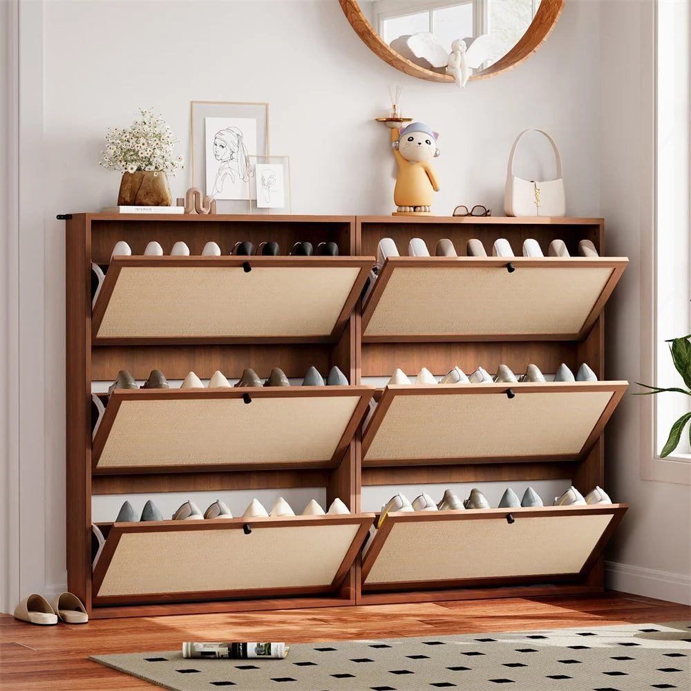 Wood Freestanding Slim Shoe Cabinet with Linen Panel and 3 Flip Drawers
