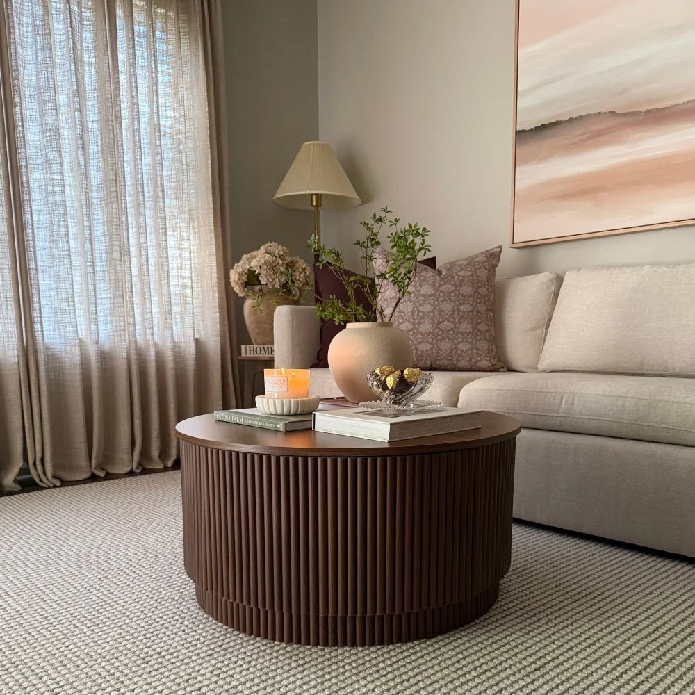 31.5 Organic Modern Fluted Round Coffee Table with Hidden Storage