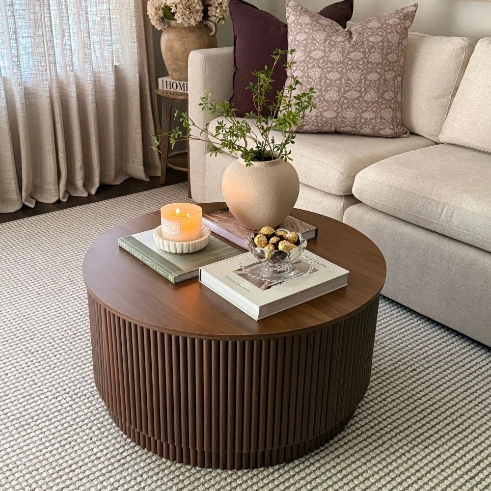 31.5 Organic Modern Fluted Round Coffee Table with Hidden Storage