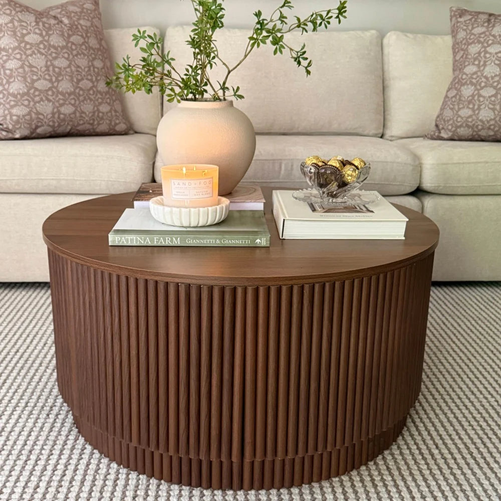 31.5 Organic Modern Fluted Round Coffee Table with Hidden Storage