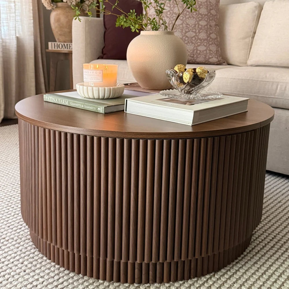 31.5 Organic Modern Fluted Round Coffee Table with Hidden Storage