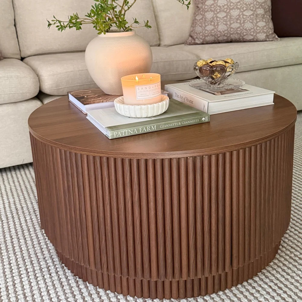 31.5 Organic Modern Fluted Round Coffee Table with Hidden Storage