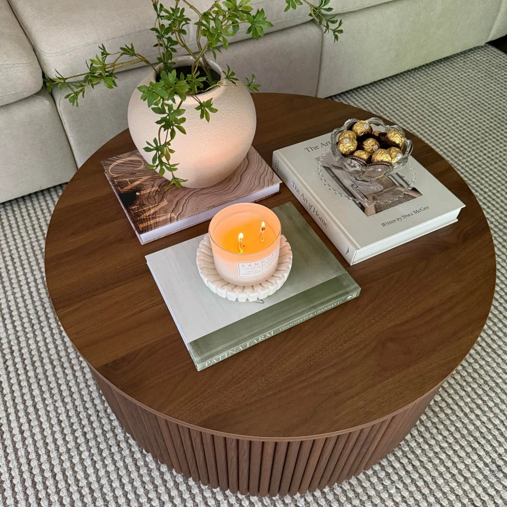 31.5 Organic Modern Fluted Round Coffee Table with Hidden Storage