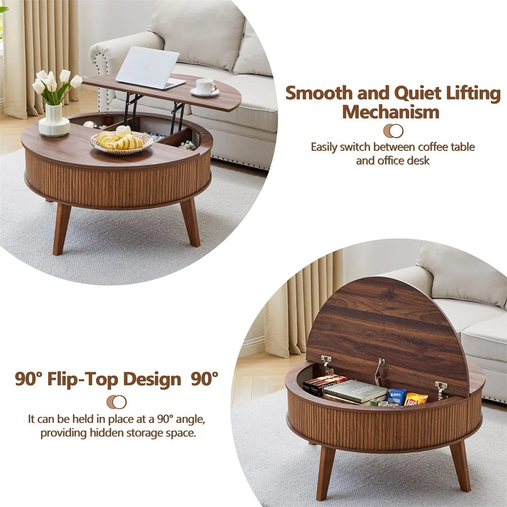 35.4'' Fluted Round Lift Top Coffee Table Wood Center Table with Storage