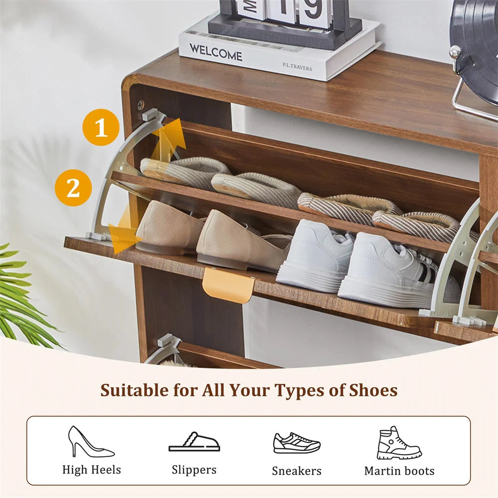 Freestanding Narrow Wood Shoe Cabinet for Entryway with 4 Flip Drawers and Wave Panel