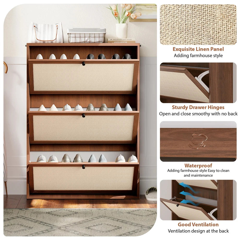 Wood Freestanding Slim Shoe Cabinet with Linen Panel and 3 Flip Drawers