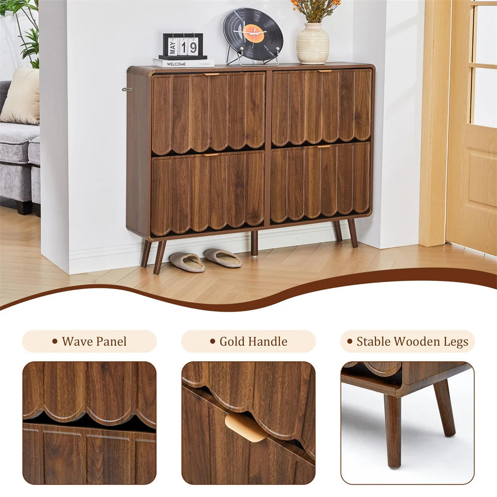 Freestanding Narrow Wood Shoe Cabinet for Entryway with 4 Flip Drawers and Wave Panel