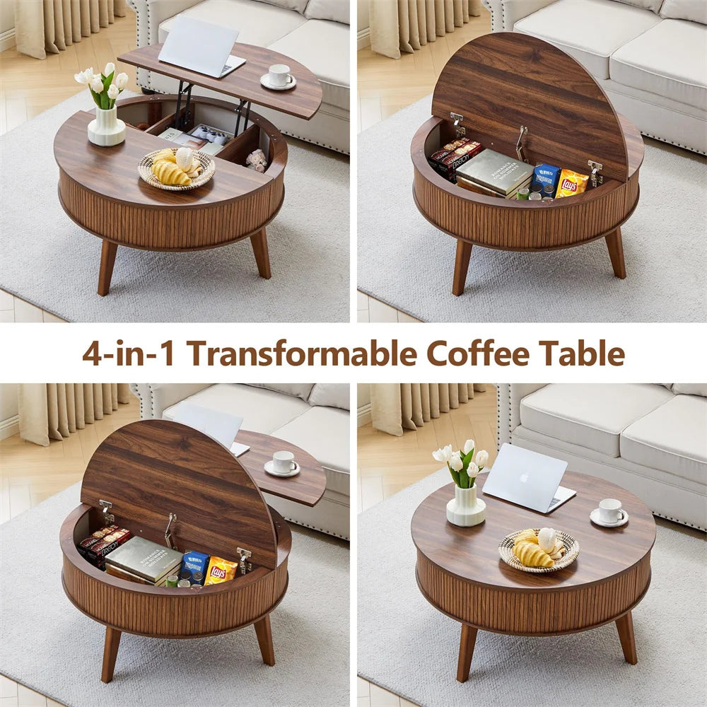 35.4'' Fluted Round Lift Top Coffee Table Wood Center Table with Storage