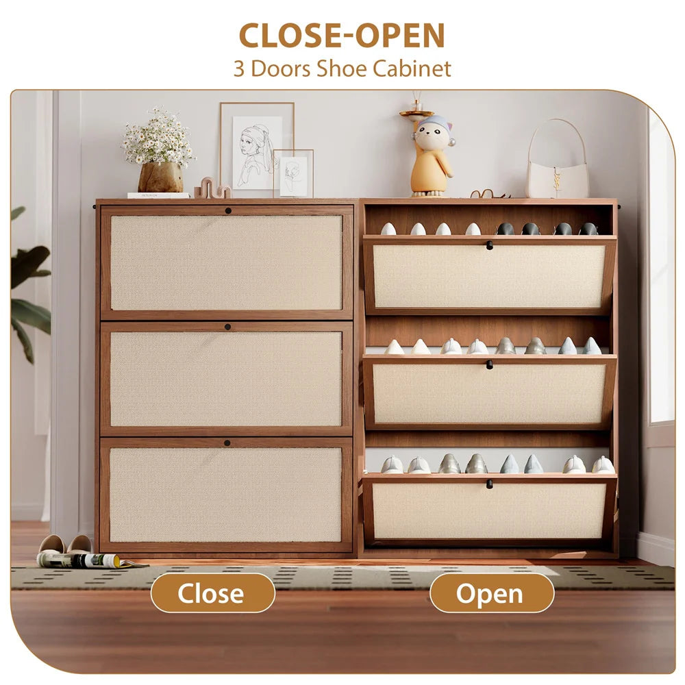 Wood Freestanding Slim Shoe Cabinet with Linen Panel and 3 Flip Drawers