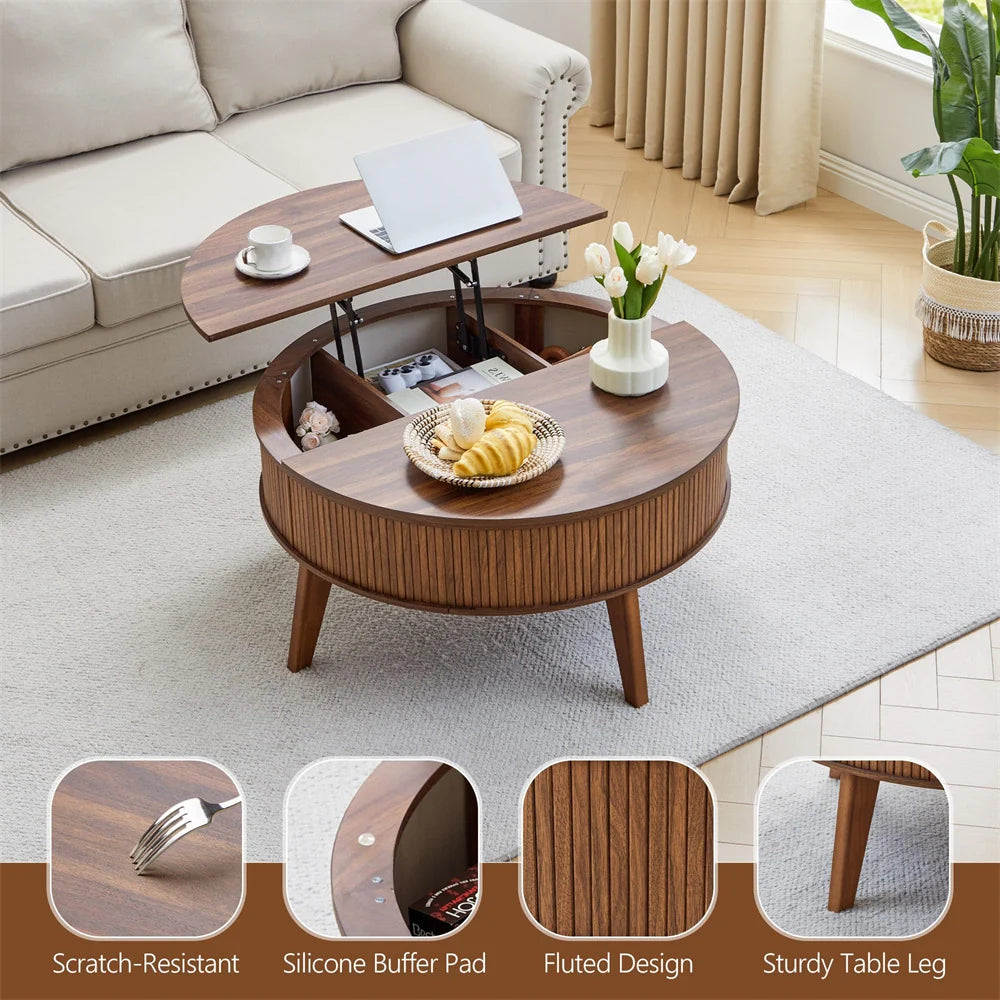 35.4'' Fluted Round Lift Top Coffee Table Wood Center Table with Storage