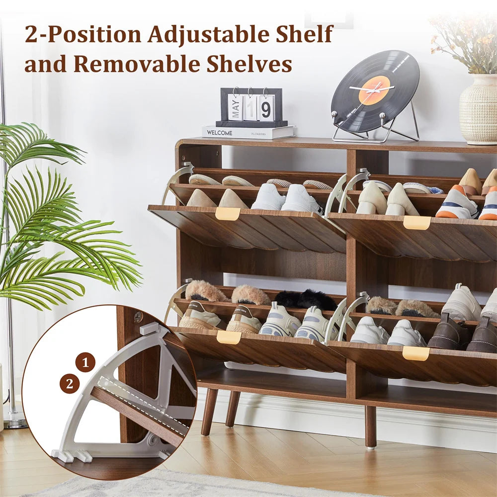 Freestanding Narrow Wood Shoe Cabinet for Entryway with 4 Flip Drawers and Wave Panel