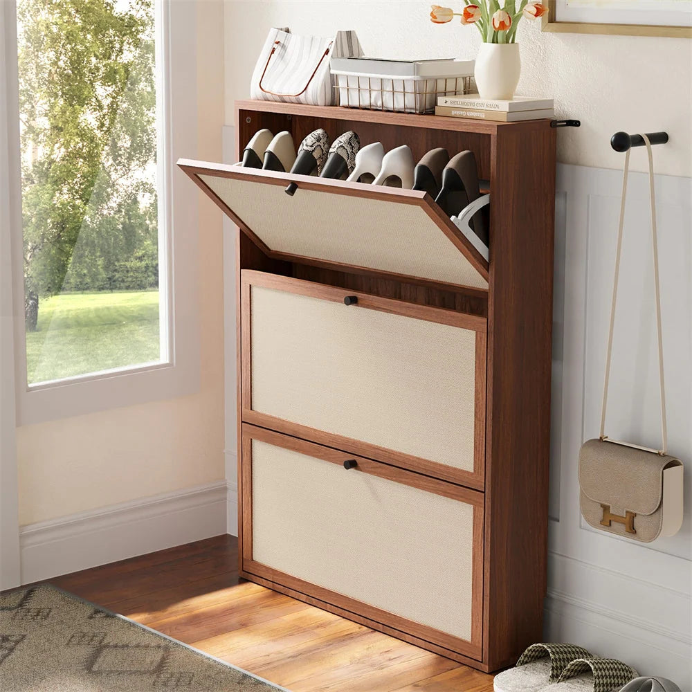 Wood Freestanding Slim Shoe Cabinet with Linen Panel and 3 Flip Drawers