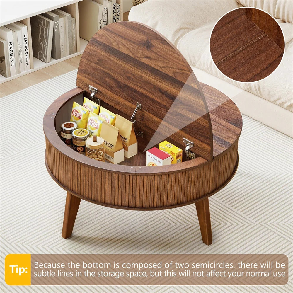 35.4'' Fluted Round Lift Top Coffee Table Wood Center Table with Storage
