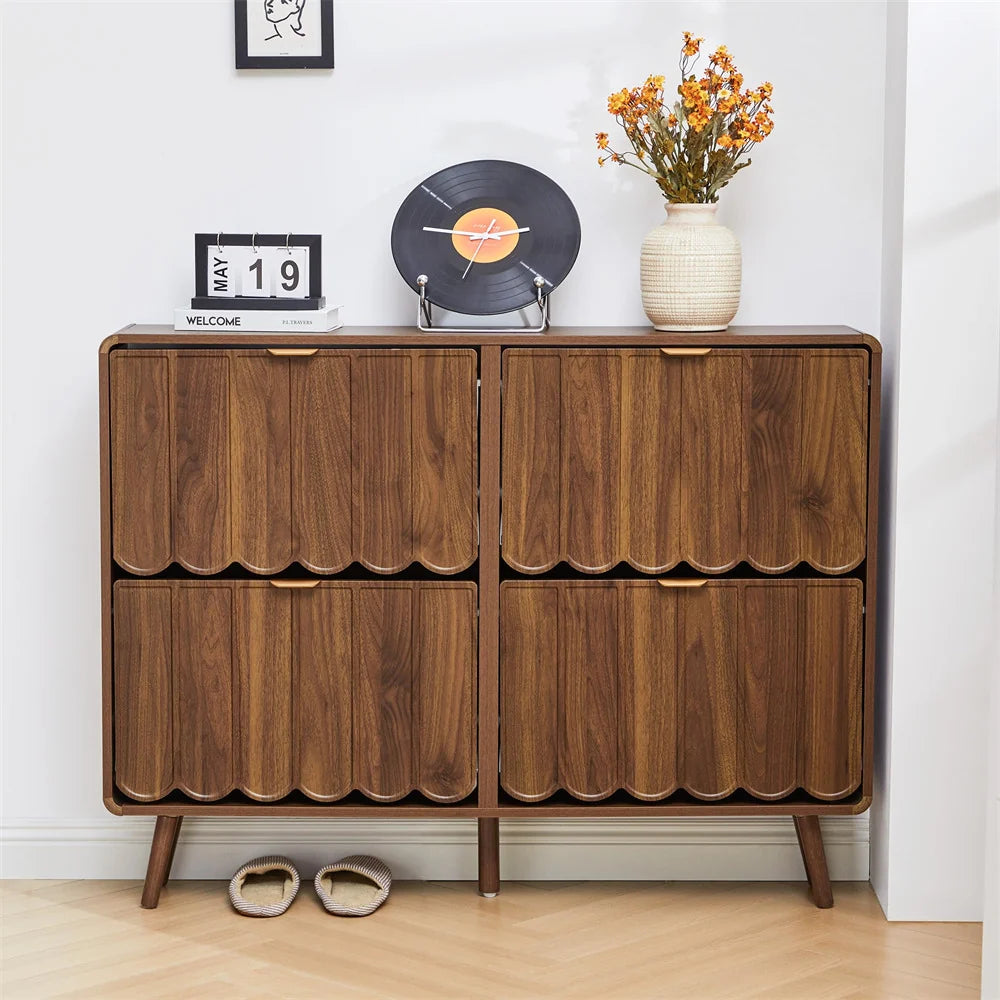 Freestanding Narrow Wood Shoe Cabinet for Entryway with 4 Flip Drawers and Wave Panel