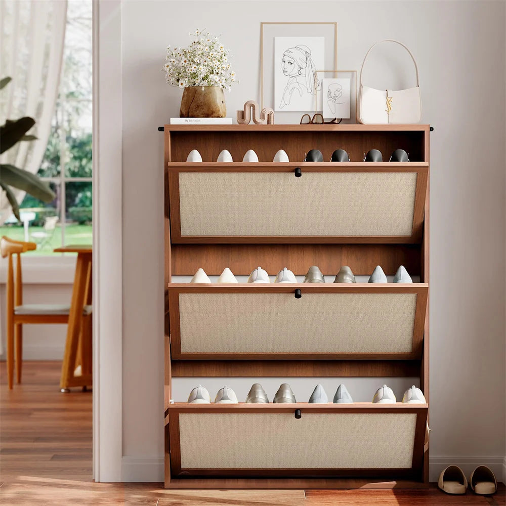 Wood Freestanding Slim Shoe Cabinet with Linen Panel and 3 Flip Drawers