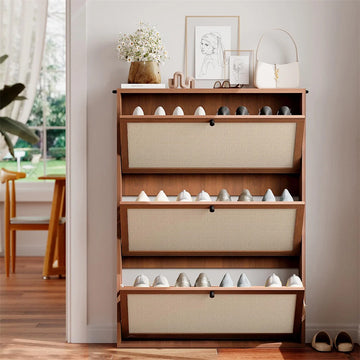 Wood Freestanding Slim Shoe Cabinet with Linen Panel and 3 Flip Drawers