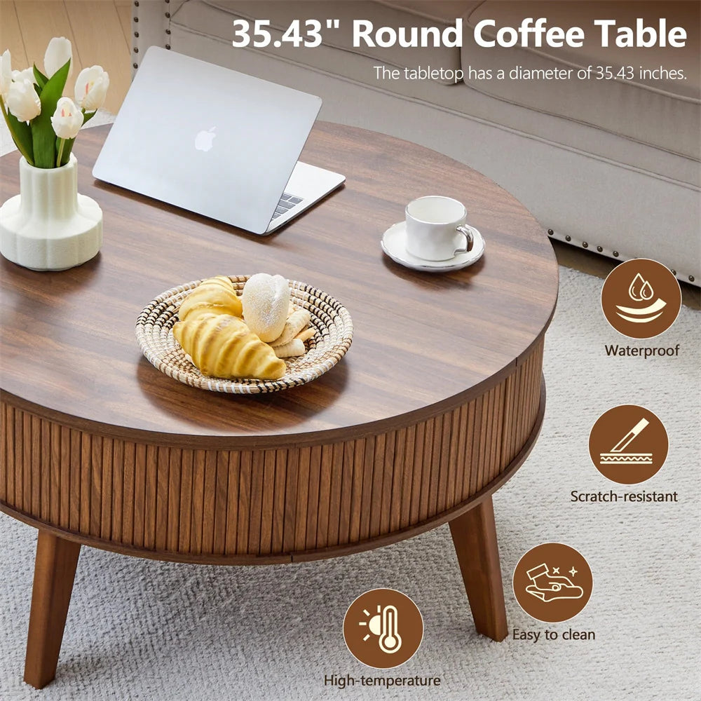 35.4'' Fluted Round Lift Top Coffee Table Wood Center Table with Storage