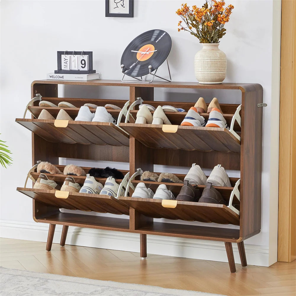 Freestanding Narrow Wood Shoe Cabinet for Entryway with 4 Flip Drawers and Wave Panel