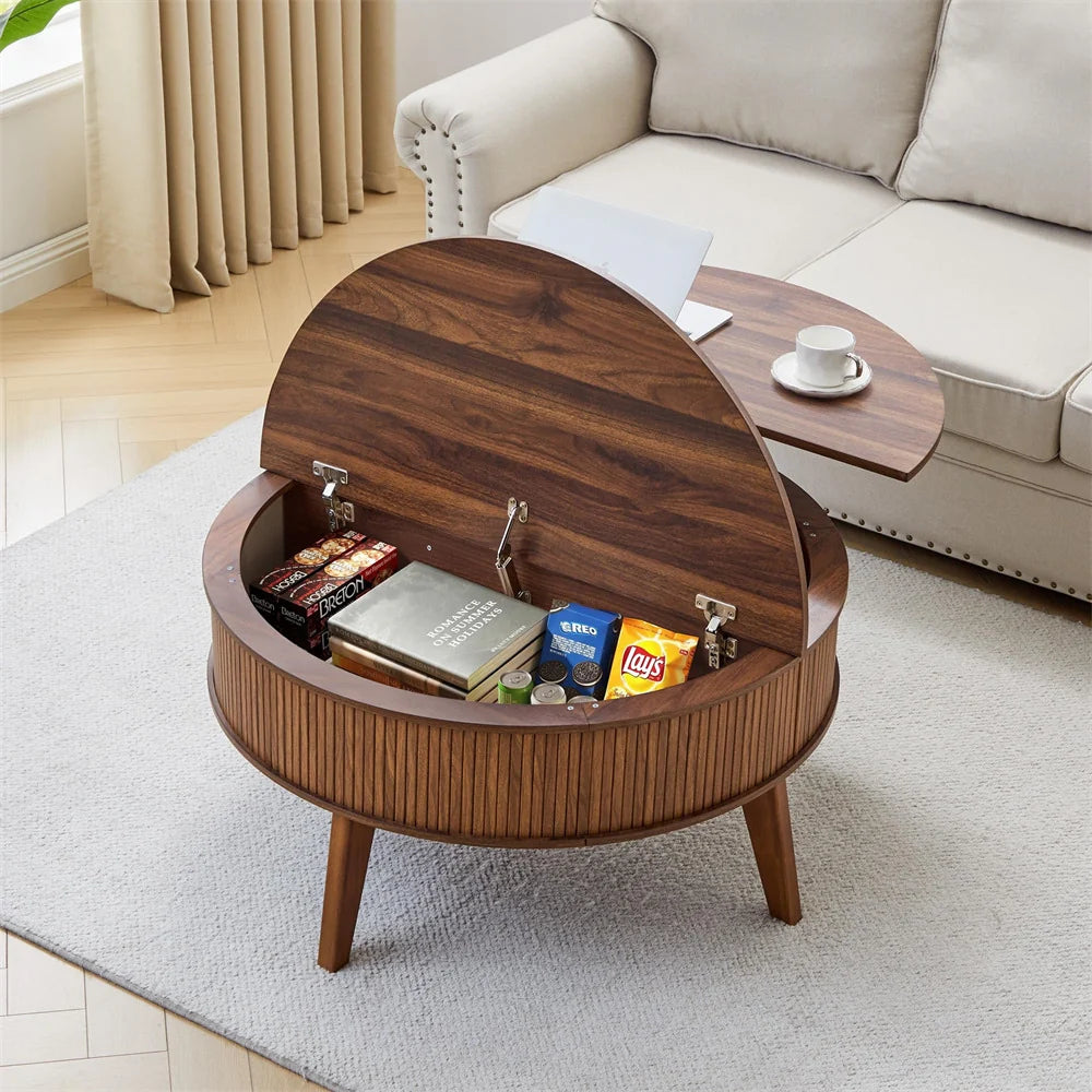 35.4'' Fluted Round Lift Top Coffee Table Wood Center Table with Storage