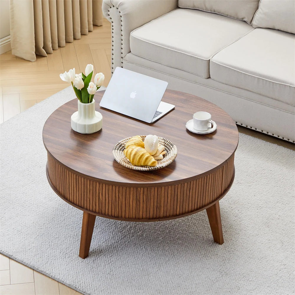 35.4'' Fluted Round Lift Top Coffee Table Wood Center Table with Storage