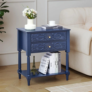 Wood Farmhouse Nightstand Sofa Side Table with 2 Drawers and Open Shelf