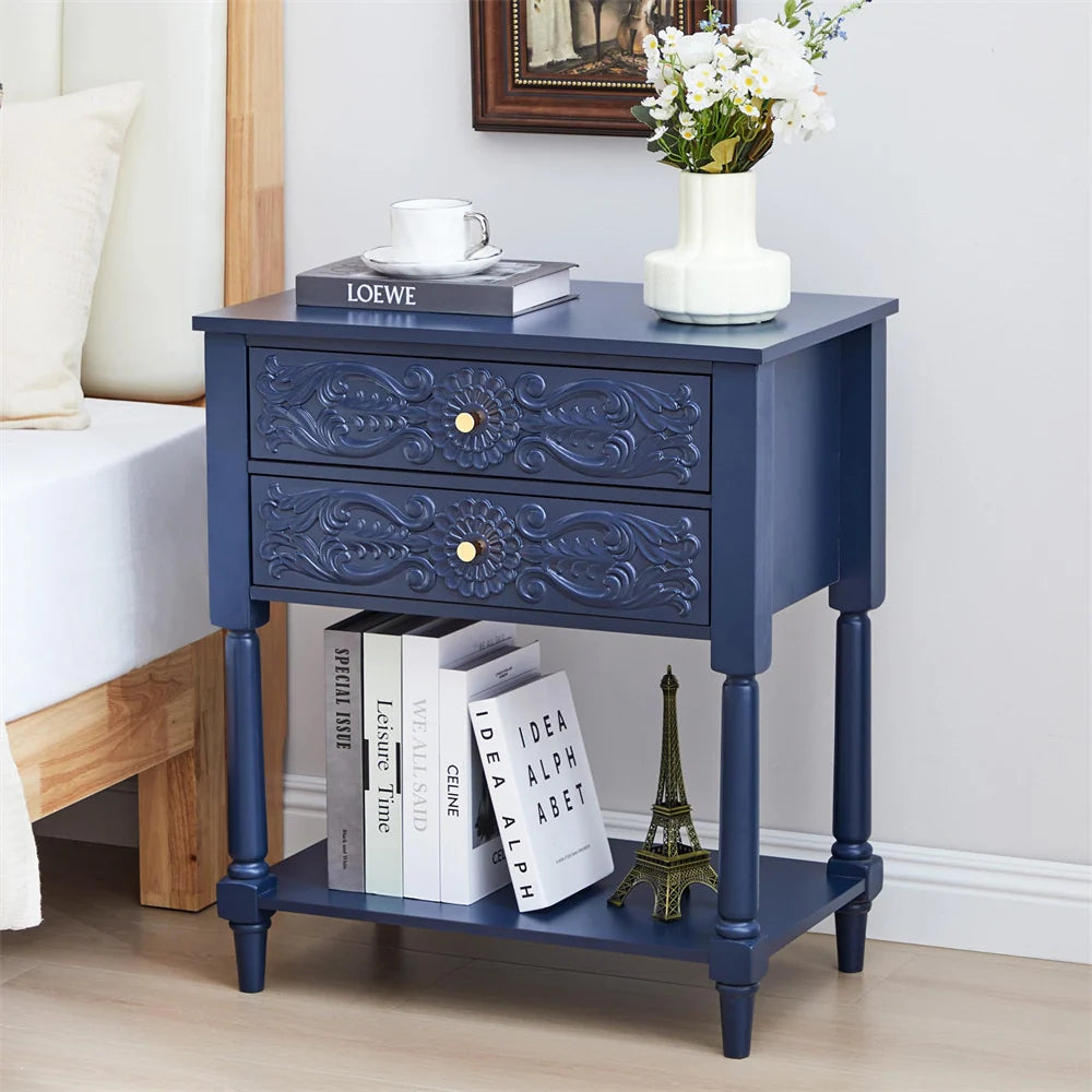 Wood Farmhouse Nightstand Sofa Side Table with 2 Drawers and Open Shelf