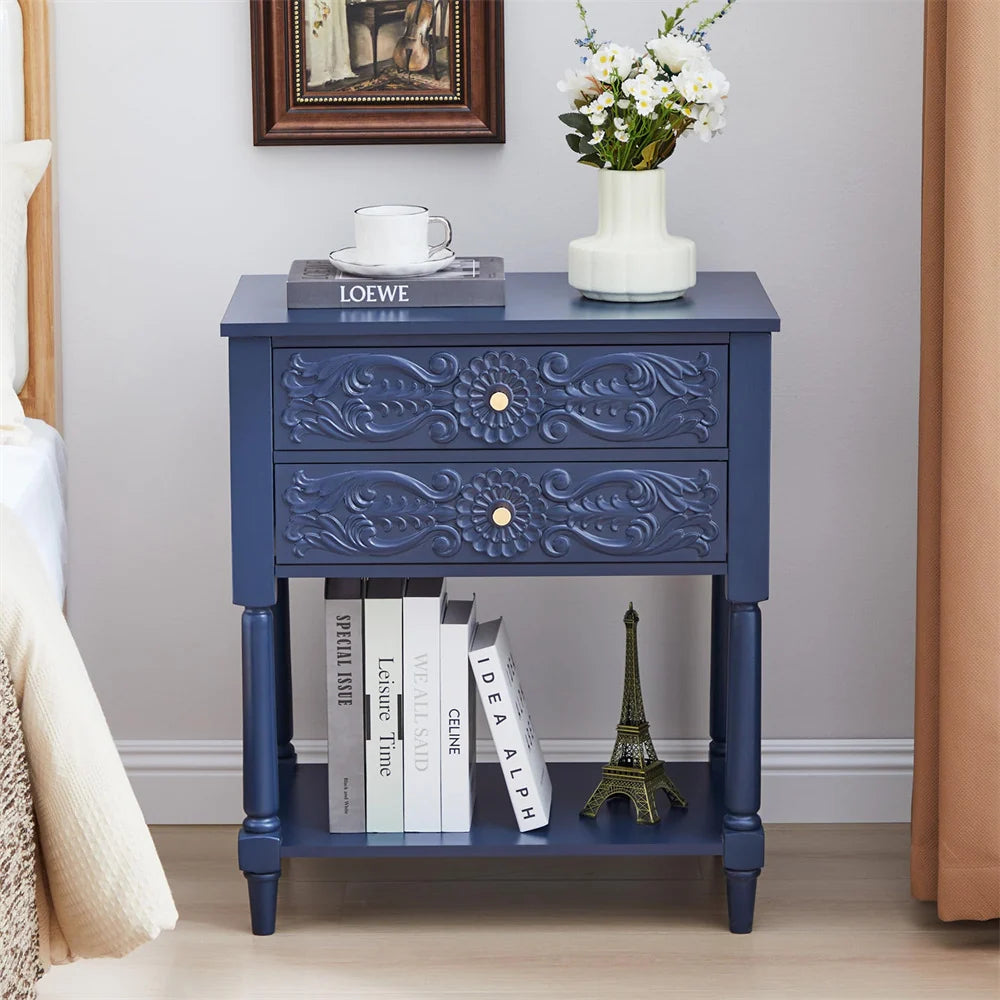 Wood Farmhouse Nightstand Sofa Side Table with 2 Drawers and Open Shelf