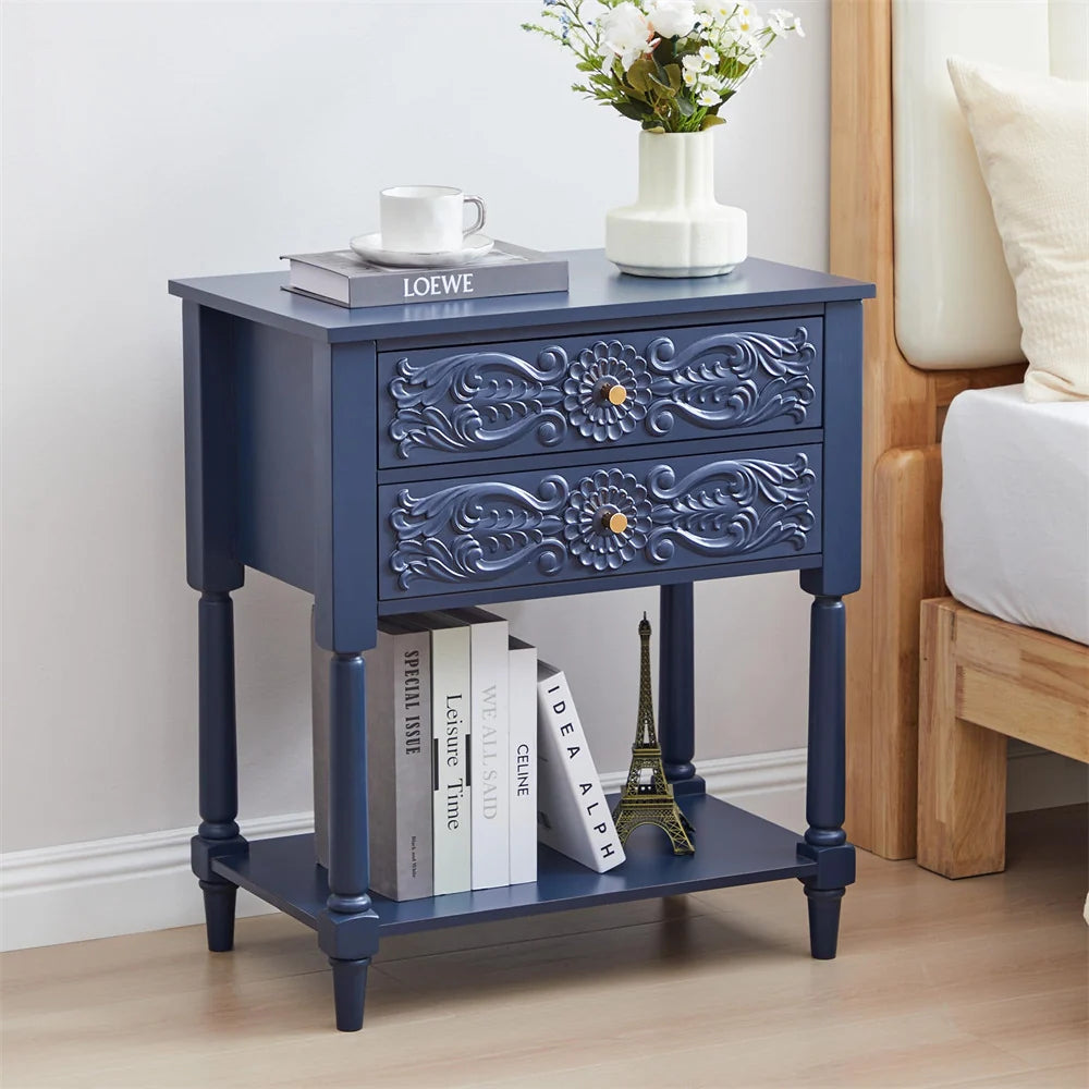 Wood Farmhouse Nightstand Sofa Side Table with 2 Drawers and Open Shelf