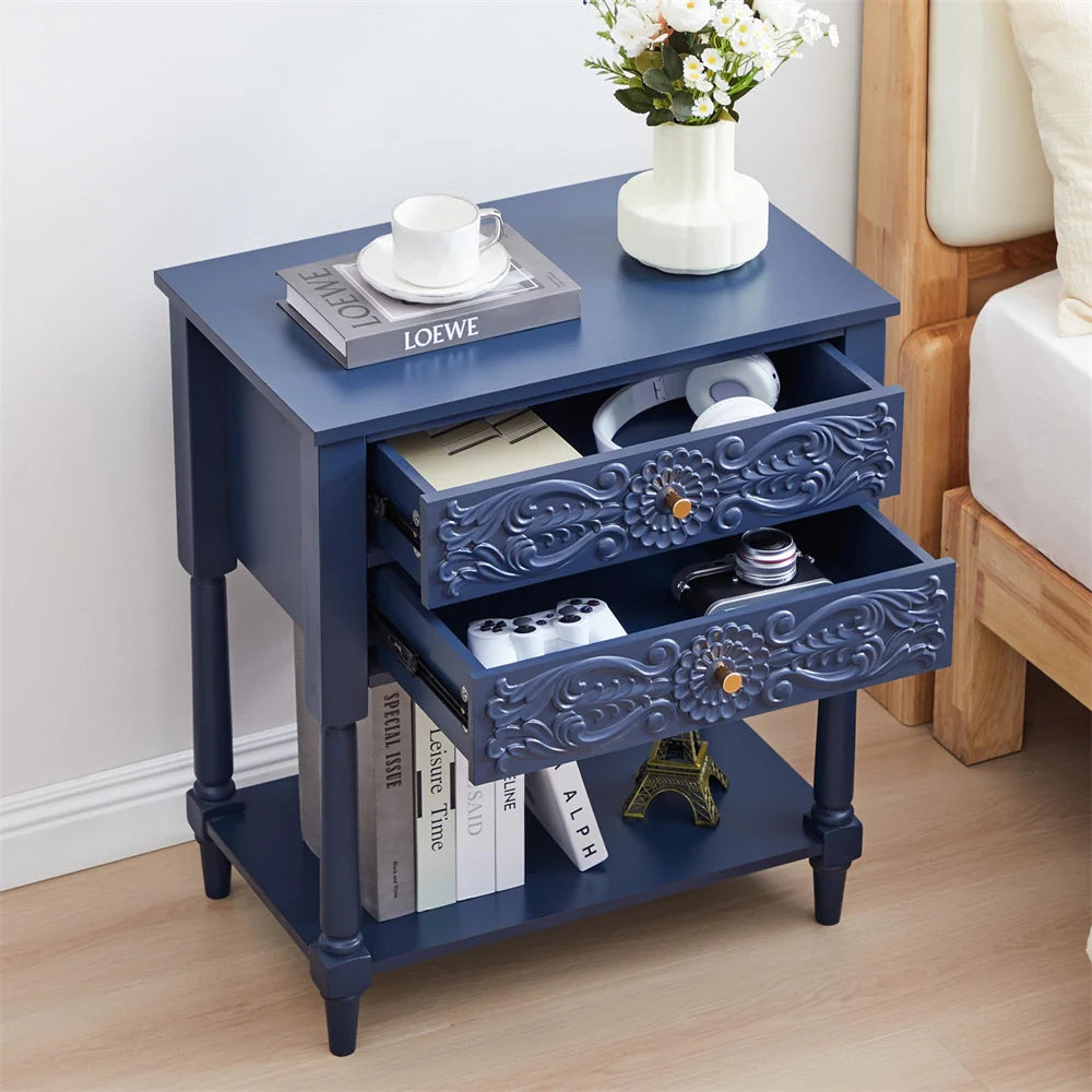 Wood Farmhouse Nightstand Sofa Side Table with 2 Drawers and Open Shelf