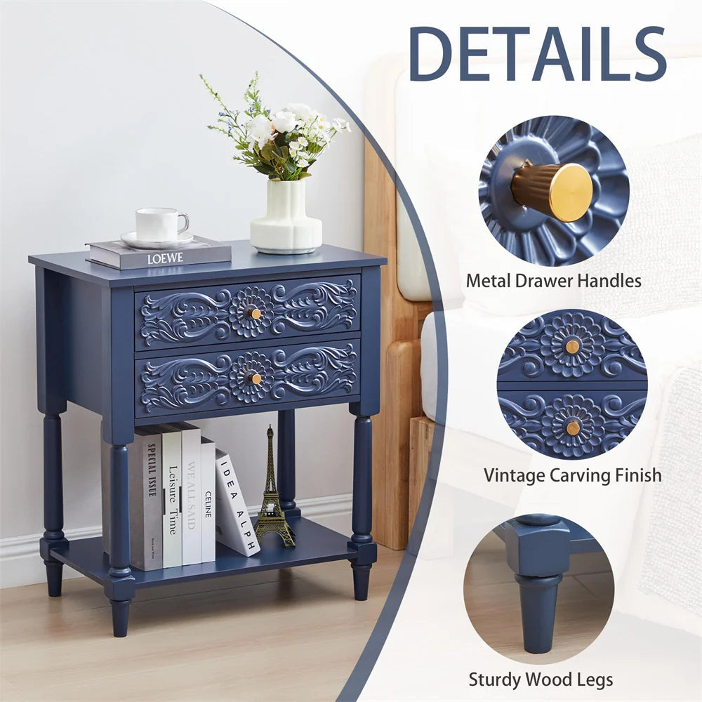 Wood Farmhouse Nightstand Sofa Side Table with 2 Drawers and Open Shelf