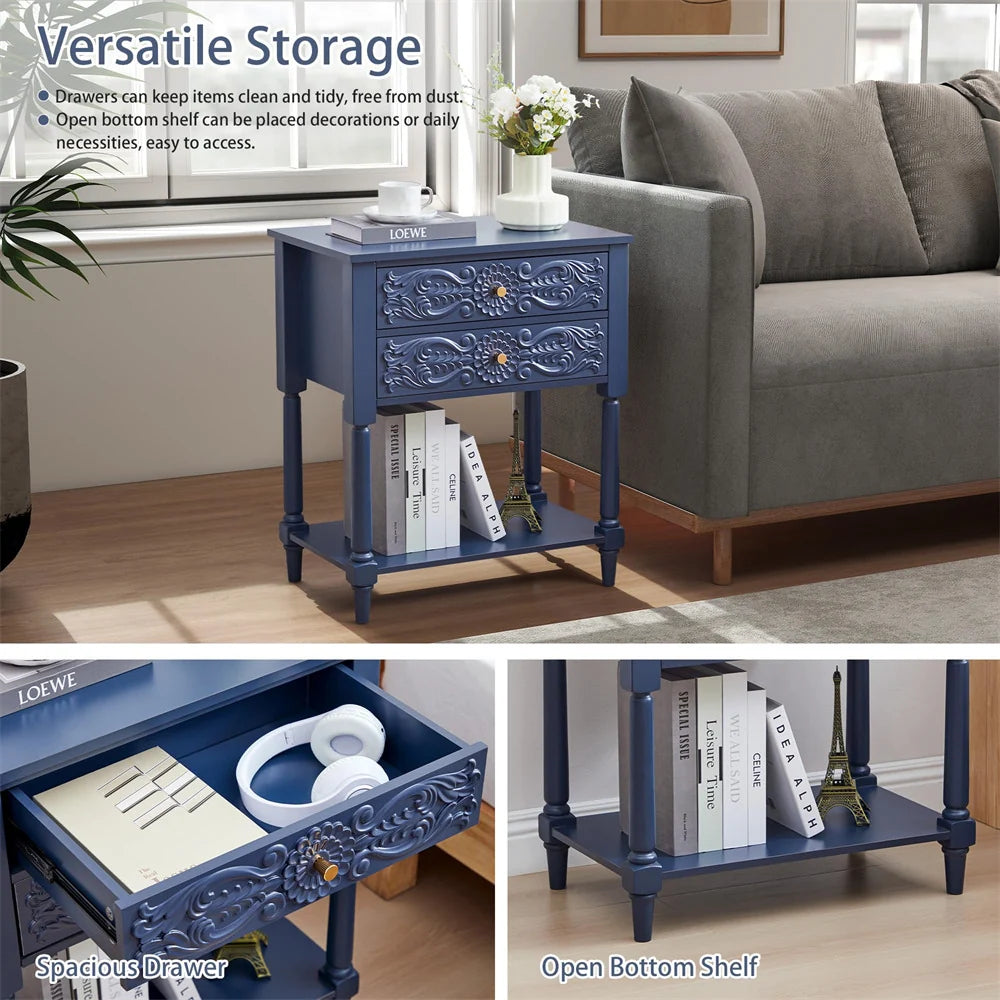 Wood Farmhouse Nightstand Sofa Side Table with 2 Drawers and Open Shelf