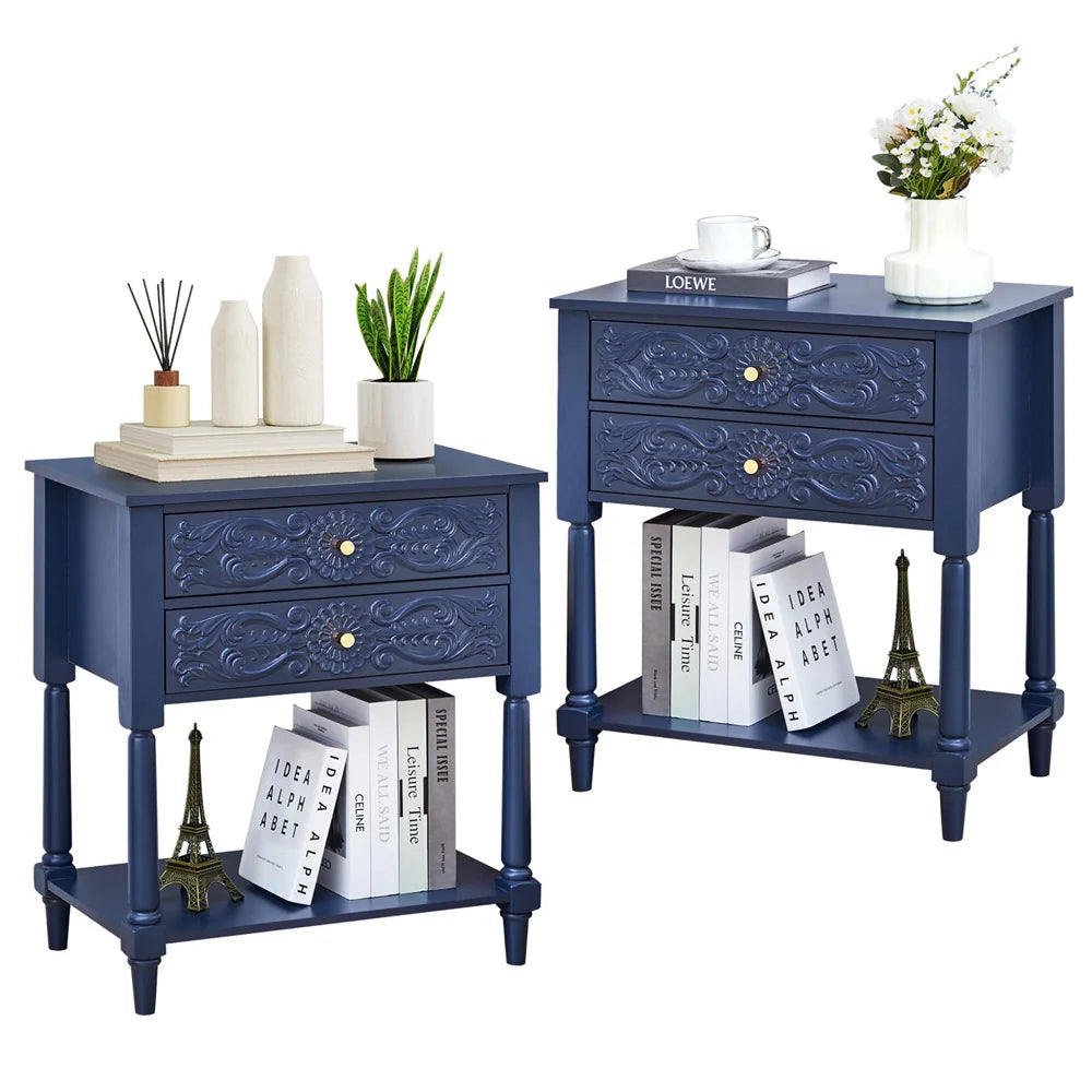 Wood Farmhouse Nightstand Sofa Side Table with 2 Drawers and Open Shelf