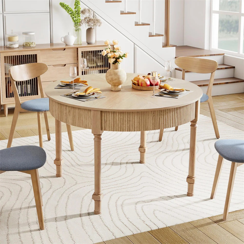 47 Inch Modern Fluted Round Dining Table with 2 Drawers for 4-6 People