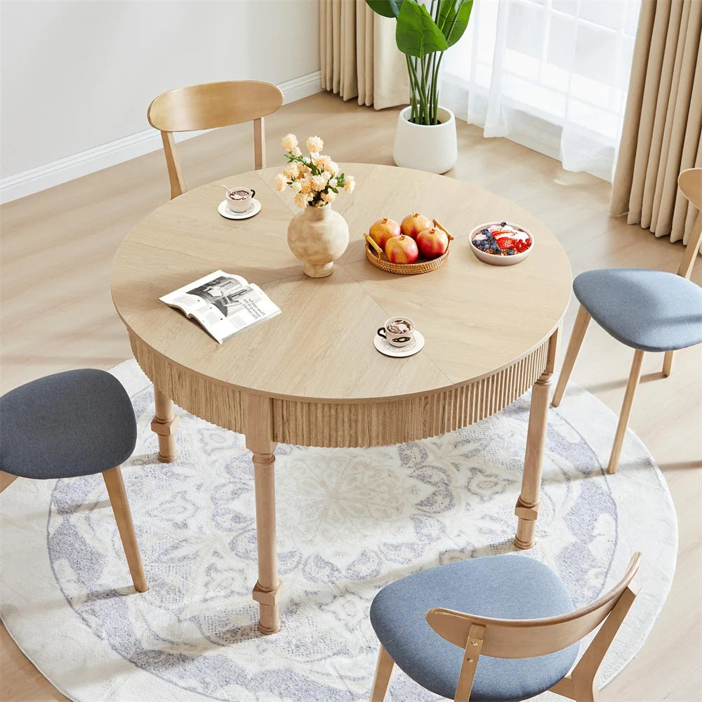 47 Inch Modern Fluted Round Dining Table with 2 Drawers for 4-6 People