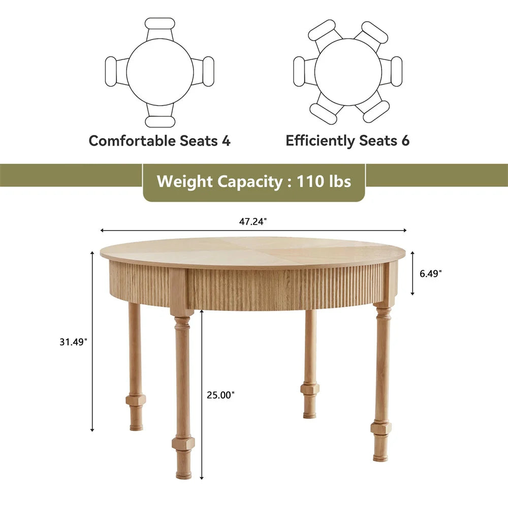 47 Inch Modern Fluted Round Dining Table with 2 Drawers for 4-6 People