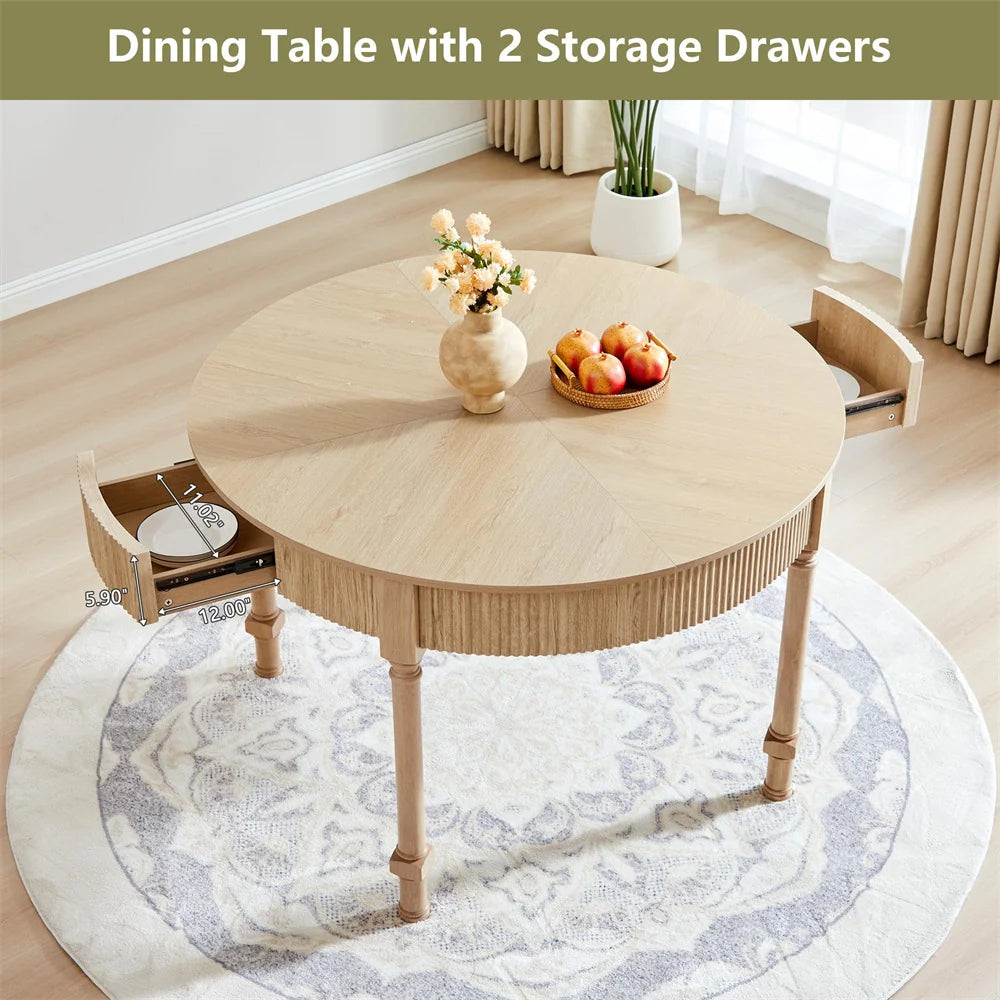 47 Inch Modern Fluted Round Dining Table with 2 Drawers for 4-6 People