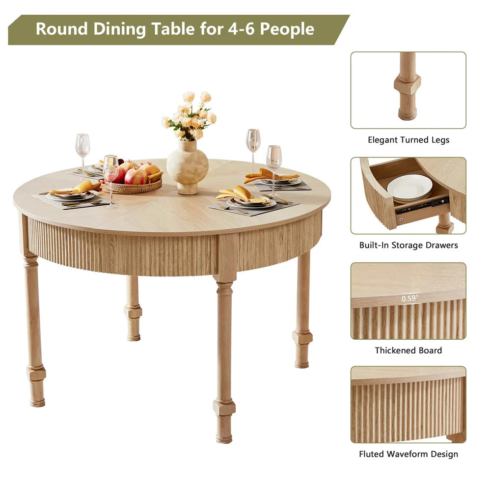 47 Inch Modern Fluted Round Dining Table with 2 Drawers for 4-6 People