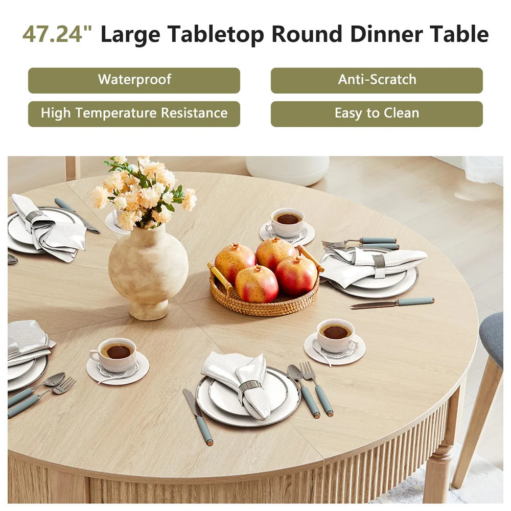 47 Inch Modern Fluted Round Dining Table with 2 Drawers for 4-6 People