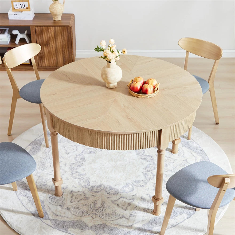 47 Inch Modern Fluted Round Dining Table with 2 Drawers for 4-6 People