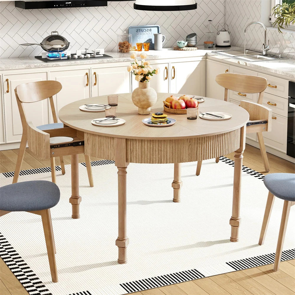 47 Inch Modern Fluted Round Dining Table with 2 Drawers for 4-6 People