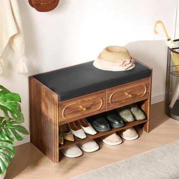 31.5 Fluted Wood Entry Way Benche Shoe Rack with 2 Drawers and Padded Leather Cushion Seat