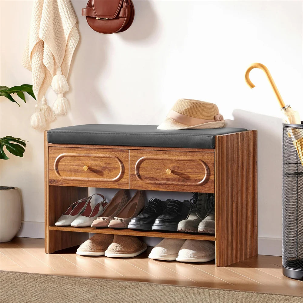 31.5 Fluted Wood Entry Way Benche Shoe Rack with 2 Drawers and Padded Leather Cushion Seat