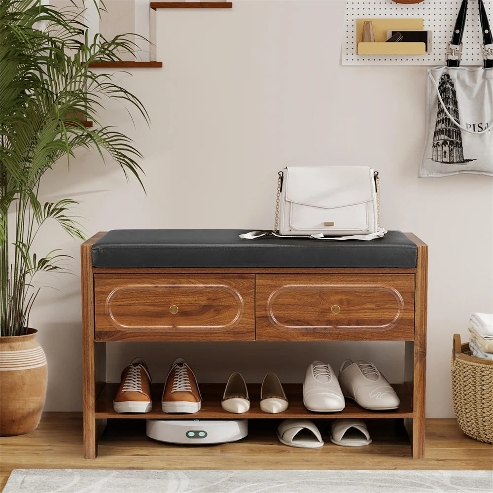 31.5 Fluted Wood Entry Way Benche Shoe Rack with 2 Drawers and Padded Leather Cushion Seat