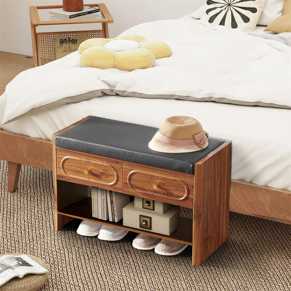 31.5 Fluted Wood Entry Way Benche Shoe Rack with 2 Drawers and Padded Leather Cushion Seat