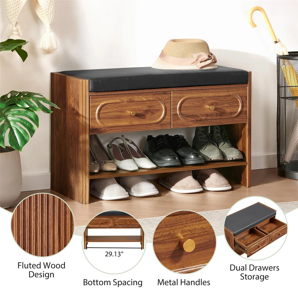 31.5 Fluted Wood Entry Way Benche Shoe Rack with 2 Drawers and Padded Leather Cushion Seat